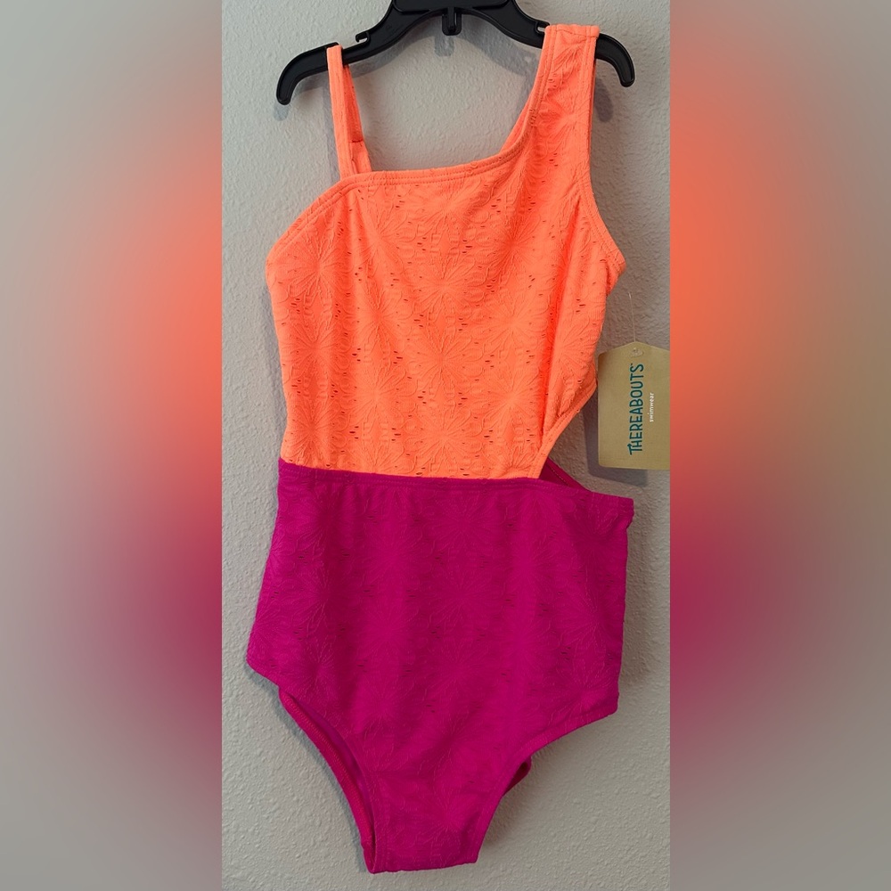 Thereabouts Girls Orange/Pink Split Side 1 Piece Swimsuit NWT Size M 10/12